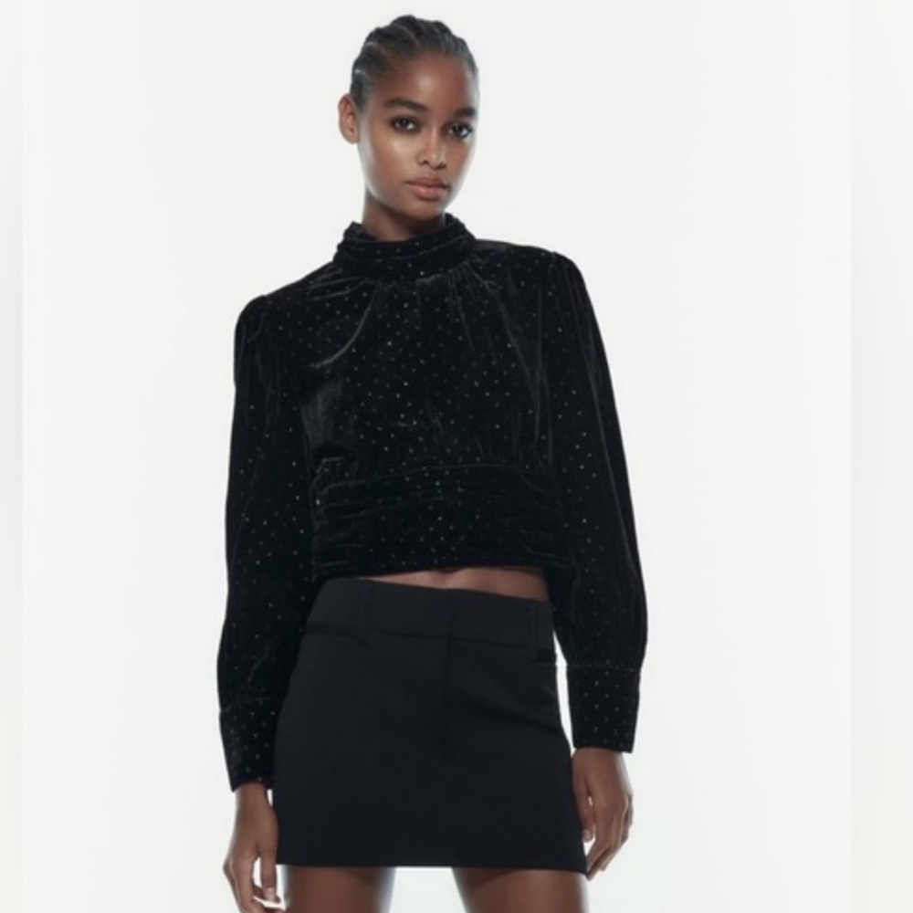 Zara velvet black and gold clip dot crop top